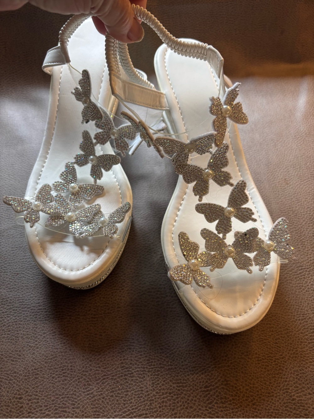 Source Unknown White Wedge Sandals with Silver Glitter Butterflies